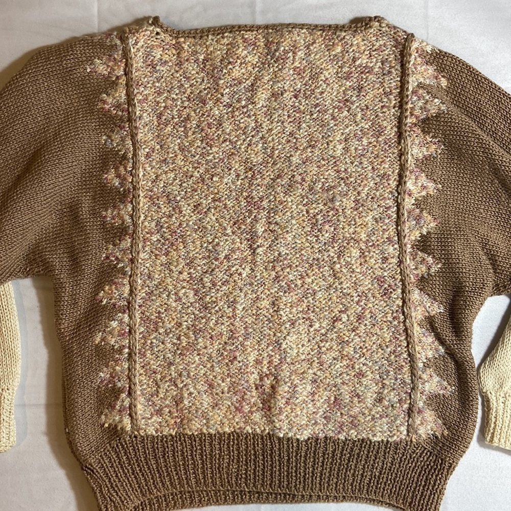 Handmade Knit Boho Sweater Tan Cream Pastel Cozy Cottagecore Large Chunky - Picture 13 of 14